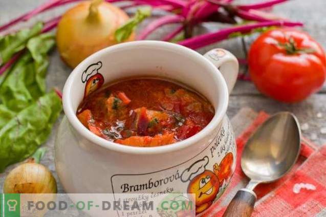 Borsch with meat and beet tops