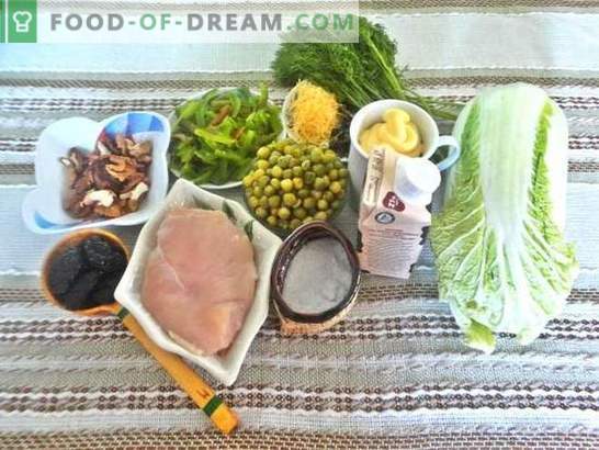 Ensalada con pechuga: una receta con fotos. Descripción paso a paso de una ensalada increíble con pechuga, ciruelas, queso y col china