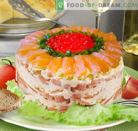Ensalada del zar con salmón - las recetas correctas. Rápida y sabrosa cocina real de ensalada con salmón.