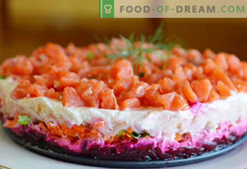 Abrigo de piel de ensalada con salmón - las recetas correctas. Rápida y sabrosa capa de ensalada de cocina con salmón.