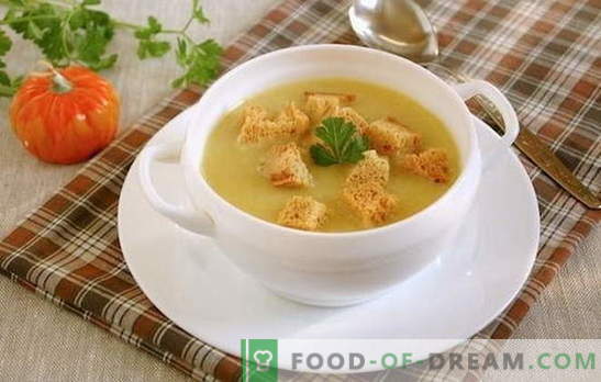 Sopa de crema con crutones: ¡una idea universal para el almuerzo! Sopa de crema de papas con crutones y verduras, champiñones, pollo