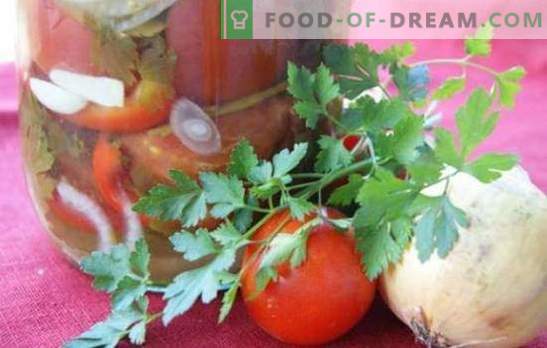 Ensalada de tomate con cebolla para el invierno: una bella composición dulce y picante. Una colección de las mejores recetas de ensaladas para el invierno con tomates y cebollas