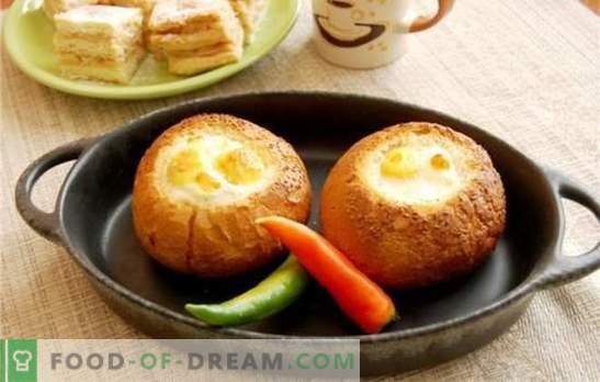 Huevos revueltos en el pan - si es simple está cansado! Recetas de los huevos fritos originales en pan con queso, chorizo, tomates